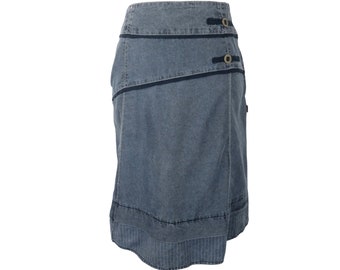 Falda midi vintage de mezclilla azul lavado medio por debajo de la rodilla, estilo grunge suave, estilo bohemio, subversivo, años 2000, Y2K, talla S