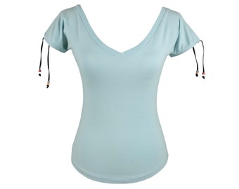 Vintage 2000s Y2K Moschino Jeans Designer Light Blue V-Neck T-shirt Top with Beaded Tie Detail