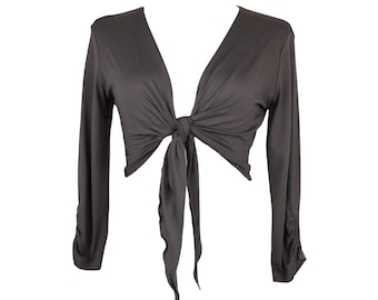 Cárdigan estilo boho Y2K con lazo frontal / Bolero de manga larga, talla S-M