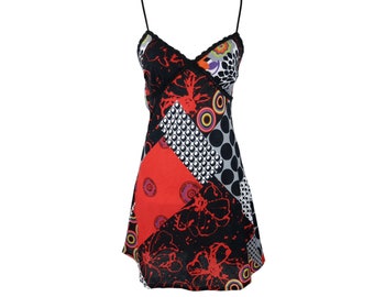 Vintage 2000s Y2K Cache Cache Grunge Gothic Sleeveless Spaghetti Strap Black & Red Abstract Geometric Op-Art V-Neck Tank Mini Dress