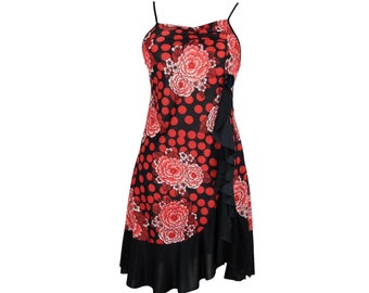 Y2K Floral Polka Dot Mini Dress | Red & Black Ruffle Tank, XXS-XS