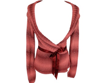 Vintage 2000s Y2K Chic Boho Preppy Balletcore Rosa e Borgonha Marrom Vermelho Ombre Malha Pescoço Slouchy Cardigan Suéter | Tamanho L