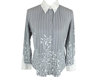 Vintage 2000s Y2K Mod Grey & White Collared Striped Floral Print Long Sleeve Button Up Blouse | Size M