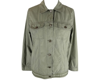 Vintage Y2K Green Cotton Cargo Jacket | Bohemian Lightweight Button-Down (Size L)