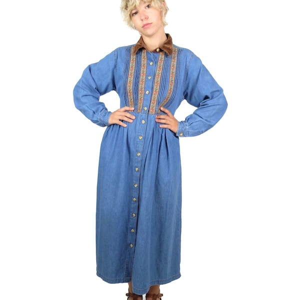 Vintage 80s Boho Hippie Prairie Western Blue Denim Collared Long Sleeve Button Up Dress / Size Large / L