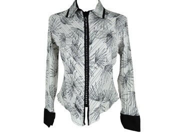 Blouse à fleurs abstraites de l'an 2000 | Fermeture éclair avec strass, taille M-L
