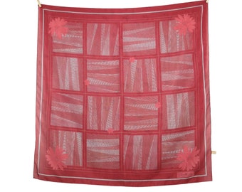 Vintage 70s Floral Scarf, Signed Red Crepe-de-Chine Bandana