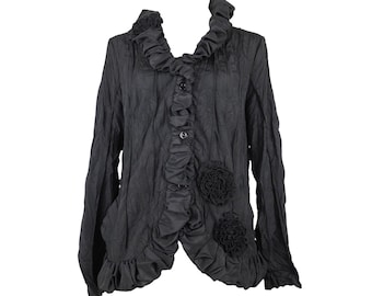 Blusa gótica estilo Y2K con volantes / Top negro de manga larga con estampado floral, talla L