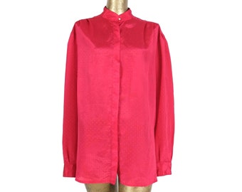 Vintage 70s Mod Glam Rock Silky Hot Pink Polka Dot Mockneck Long Sleeve Button Up Blouse | Women’s Size Large | L