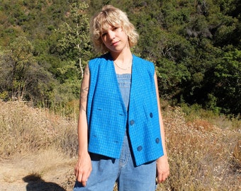 Vintage 60s Mod Hippie Bohemian Bright Blue Houndstooth Sleeveless Button Up Vest | Women’s Size Large | L
