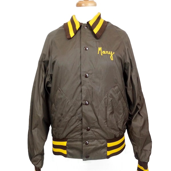 Vintage 70s Mod Athletic Streetwear Brown & Mustard Yellow Striped Baseball Letterman Snap Button Down Collared Windbreaker Bomber Jacket