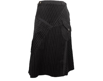 Vintage 2000s Y2K Grunge Bohemian Low Rise Dark Brown Striped Velour Circle Skater Midi Skirt | 30 Inch Waist