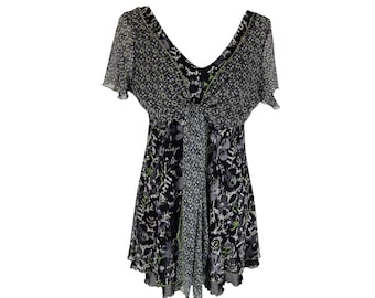 Y2K Gothic-top van mesh | Blouse met abstracte print, gestrikte voorkant, XL