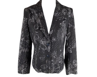 Vintage 2000s Y2K Bohemian Chic Black Floral Patterned Collared Button Down Blazer Jacket | Size S-M