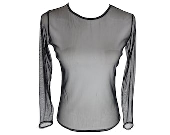 Vintage Y2K zwarte doorschijnende mesh top | Grunge gothic met lange mouwen (SM)