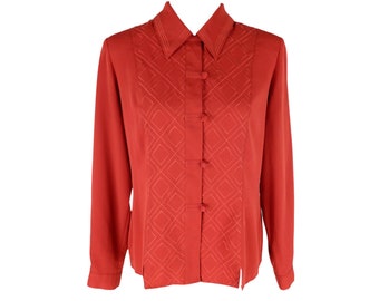 Vintage 80s Mod Chic Bright Red Geometric Patterned Collared Long Sleeve Button Up Blouse | Size M