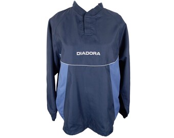 Vintage 2000s Y2K Men’s Streetwear Utility Sports Diadora Branded Dark Navy Blue Mockneck Pullover Windbreaker Shell Jacket | Men’s Size L