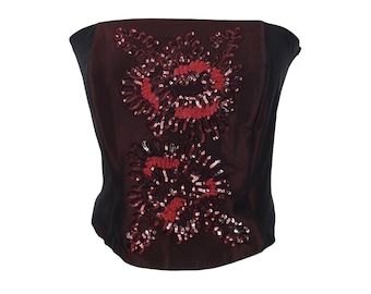 Vintage Y2K Maroon Corset Top: Embroidered Sequin Bustier, Lace-Up Back