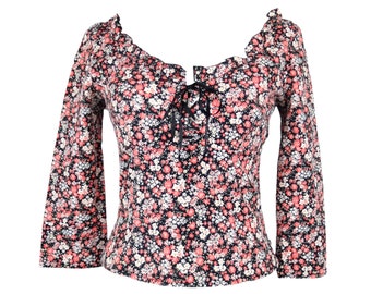Vintage 2000s Y2K feminino chique rosa e preto estampa floral manga 3/4 blusa com gola redonda | Tamanho M