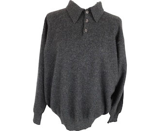 Vintage 2000s Men’s Lambswool Preppy Dark Grey Knit Collared Pullover 1/4 Button Down Polo Style Sweater Jumper | Men’s L