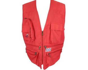 Vintage 2000s Y2K Men’s Utility Gorpcore Streetwear Festival Style Solid Basic Red V-Neck Zip Up Waistcoat Fisherman Vest | Men’s Size M-L