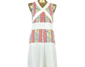 Vintage 1970 39 s Prairie Gunne Sax Milkmaid Style Floral Ruffled Sleeveless Maxi Cotton Tank Dress with Criss Cross Strap