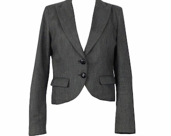 Vintage jaren '00 Y2k Mod Chic donkergrijs Y2k formeel blazerjasje met puntige kraag en elleboogpatches en gewatteerde schouders | Damesmaat Small