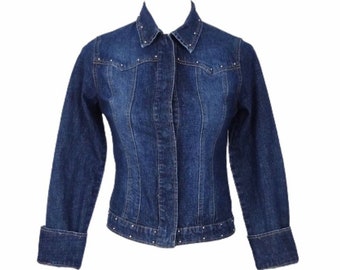 Vintage 00s Y2K Dark Wash Studded Fitted Collared Button Down Denim Jean Jacket | Women’s Size Extra Small | XS