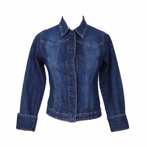 Vintage 00s Y2K Dark Wash Studded Fitted Collared Button Down Denim Jean Jacket | Women’s Size Extra Small | XS