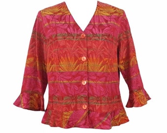 Vintage 80s Bright Pink Bohemian Tropical Abstract Floral Print Ruffled Embroidered 3/4 Sleeve Button Down V-Neck Blouse