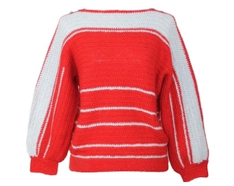 Vintage 60s Mod Kitsch Bright Red & Grey Striped Crocheted Knit Balloon Sleeve Pullover Sweater Jumper | Size S-M