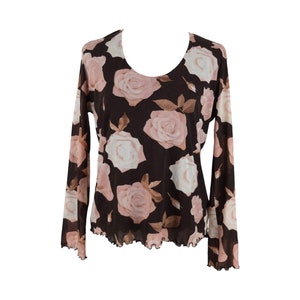 Vintage 2000s Y2K Blusa de manga larga con cuello redondo y malla floral marrón y rosa con dobladillo de lechuga