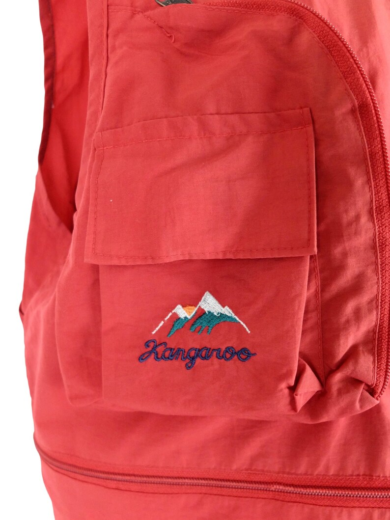 Vintage 2000s Y2K Men’s Utility Gorpcore Streetwear Festival Style Solid Basic Red V-Neck Zip Up Waistcoat Fisherman Vest with Embroidery
