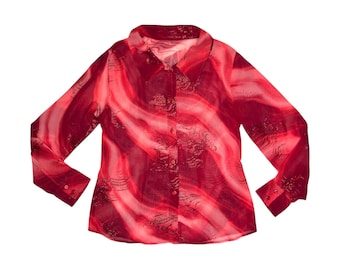 Haut boutonné semi-transparent à manches longues abstrait pailleté rouge des années 2000 | Taille S-M