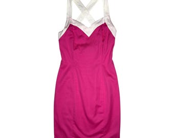 Vintage 2000s Marella Pink & White Sweetheart Neckline Crossback Pencil Mini Dress | Size XS-S