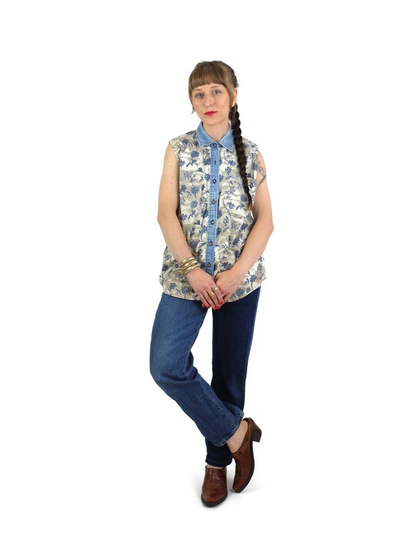 Vintage 90s Floral Denim Collared Sleeveless Butto