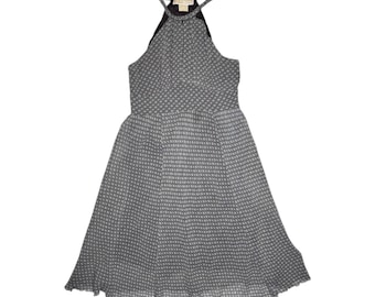 Vintage 2000s MICHAEL KORS Silk Blue & Brown Geometric Print High Halter Keyhole Neckline Midi Dress with Raw Hem | Size S