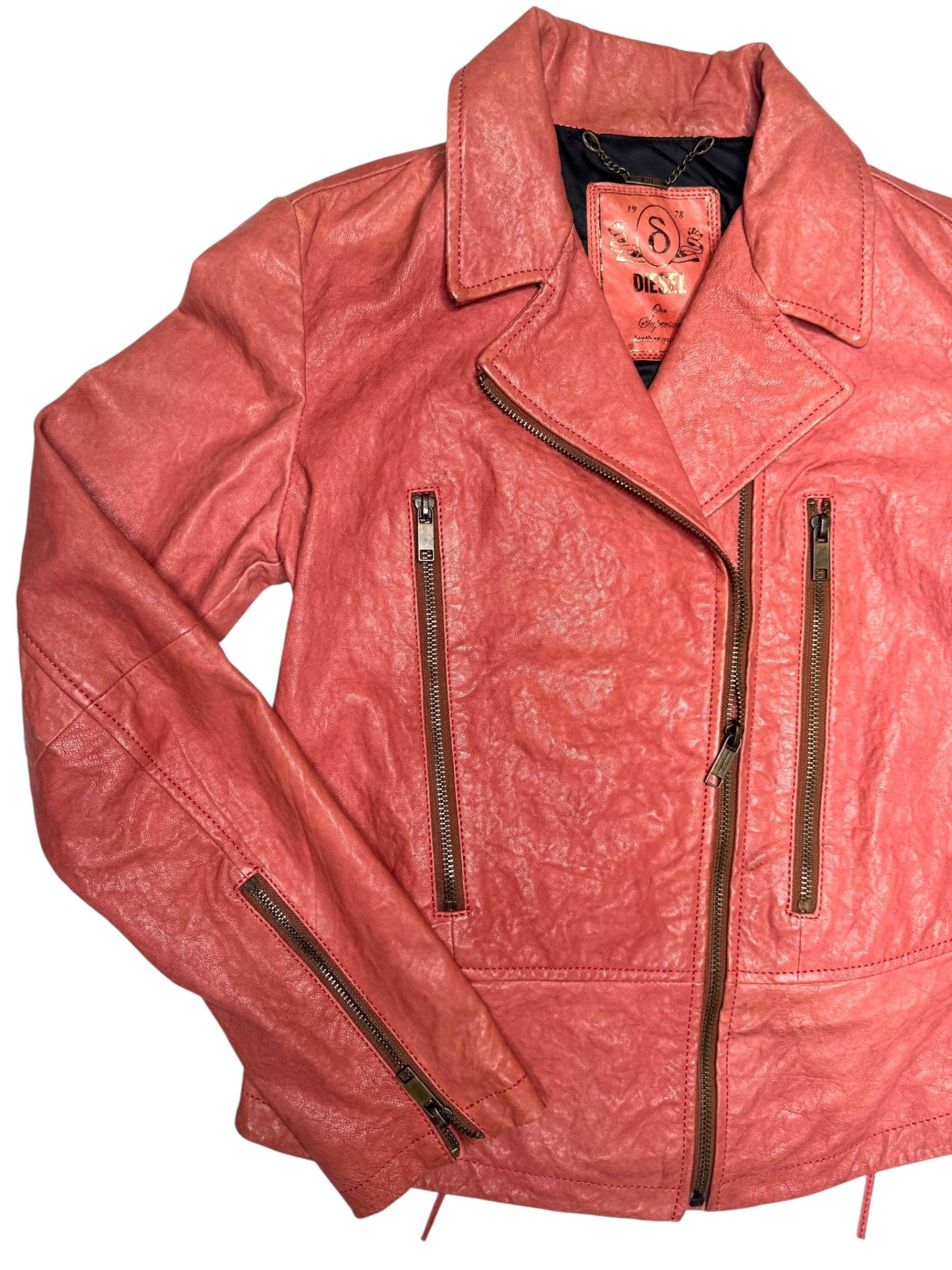 Vintage 2000s Y2K Diesel Grunge Coral Orange Zip up Moto Leather