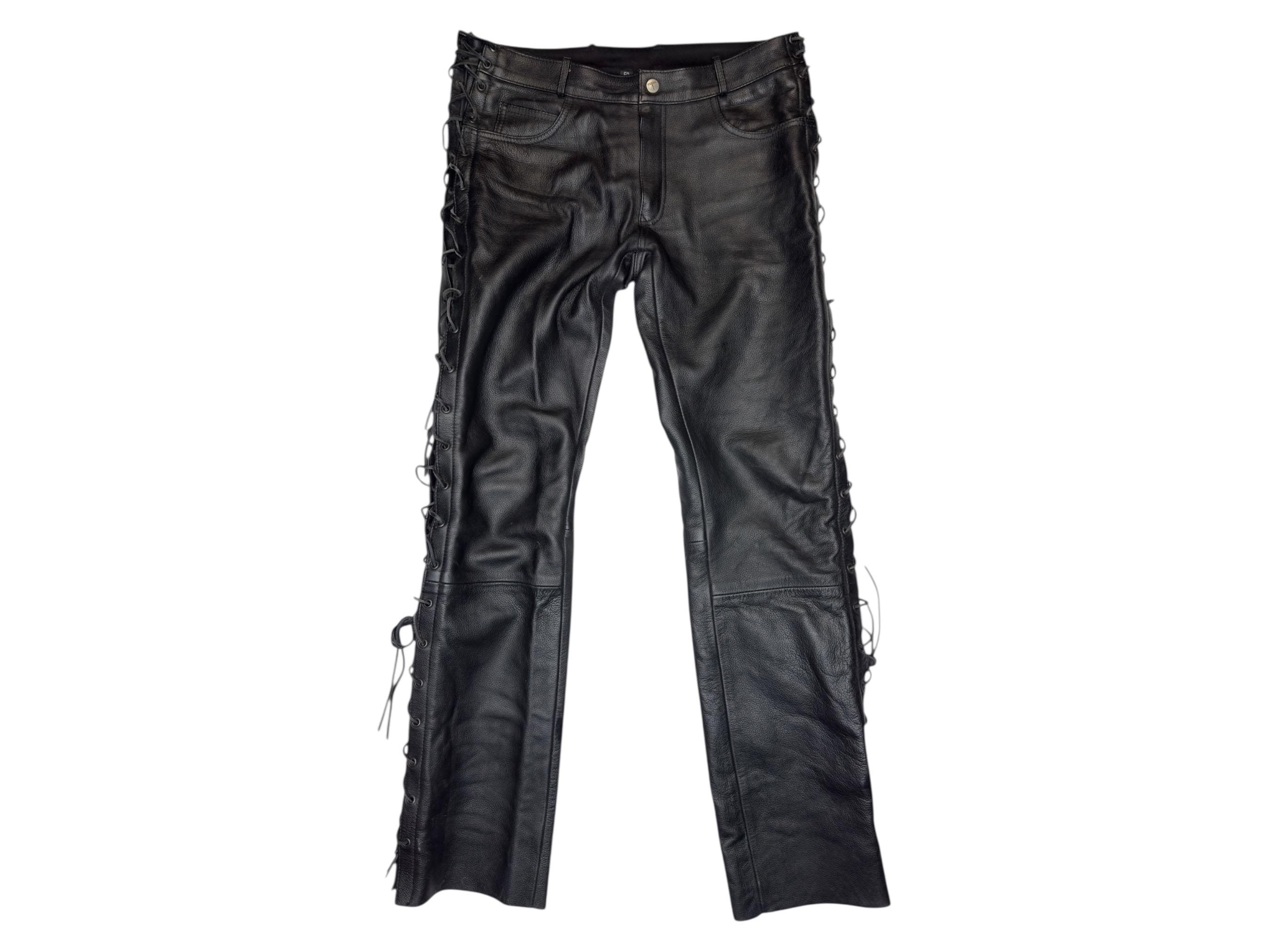 Vintage 2000s Moto Leather Pants | Black Side Lace Up, 34 Inch