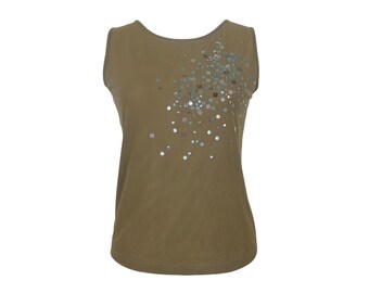 Marella Y2K Olive Green Sleeveless Blouse | Blue Sequin Detail | Size Medium