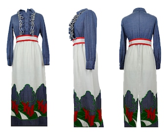Brenner Couture Maxikleid aus den 1970er Jahren, psychedelisches Patchwork-Baumwollkleid, Größe S