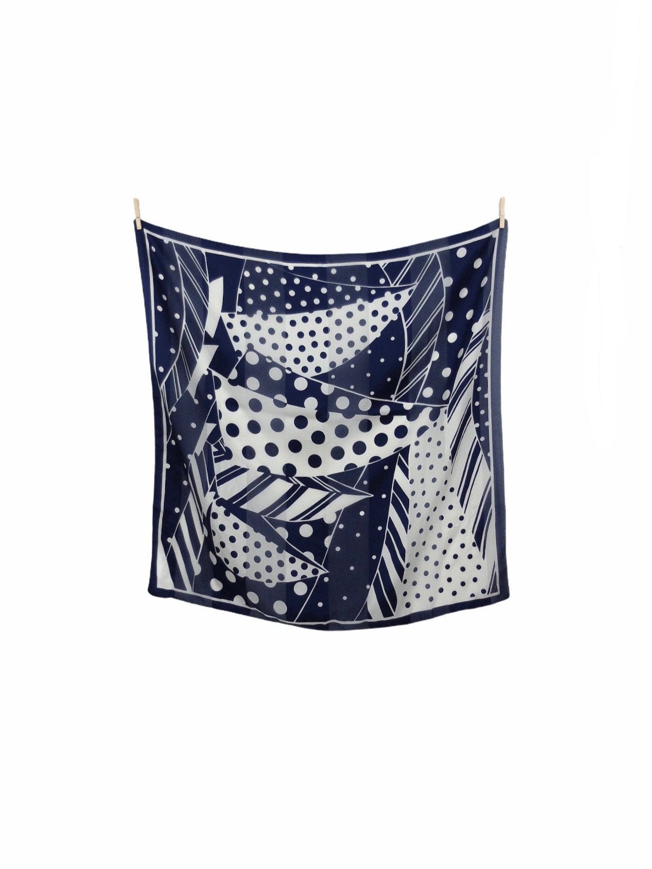 Vintage 80s Blue and White Mod Abstract Polka Dot Made in Italy Square Bandana Neck Tie Scarf