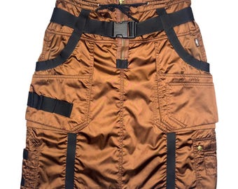 Vintage 2000s JEAN PAUL GAULTIER aw 2003 archival brown nylon bondage parachute cargo knee length skirt | size m-l