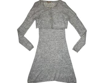 vintage des années 2000 GALLIANO laine mélangée mohair gris sequins gris débardeur robe-pull trapèze & cardigan court 2 pièces ensemble | Taille S