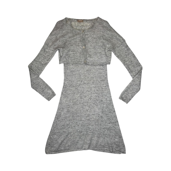 John Galliano, Vintage Galliano Sequin Knit Dress & Cardigan Set | Grey Mohair Wool Blend Midi Size S