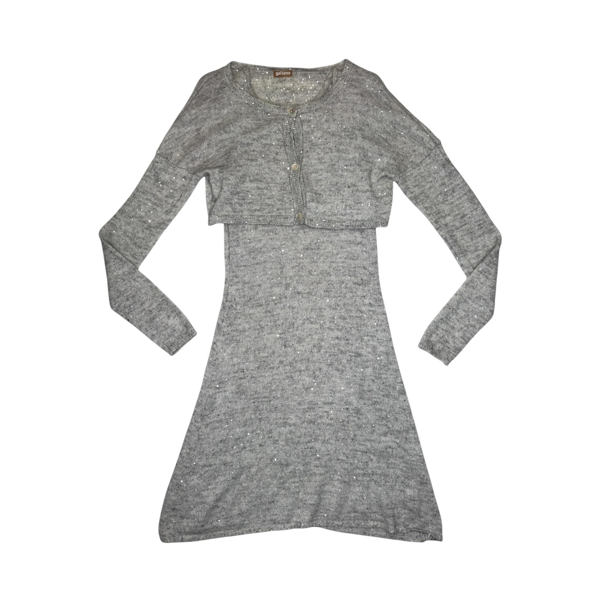 John Galliano, Vintage Galliano Sequin Knit Dress & Cardigan Set | Grey Mohair Wool Blend Midi Size S
