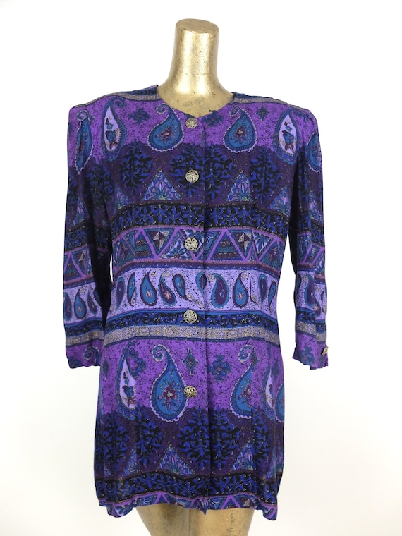 Vintage 80s Bright Purple Abstract Paisley Print … - image 2