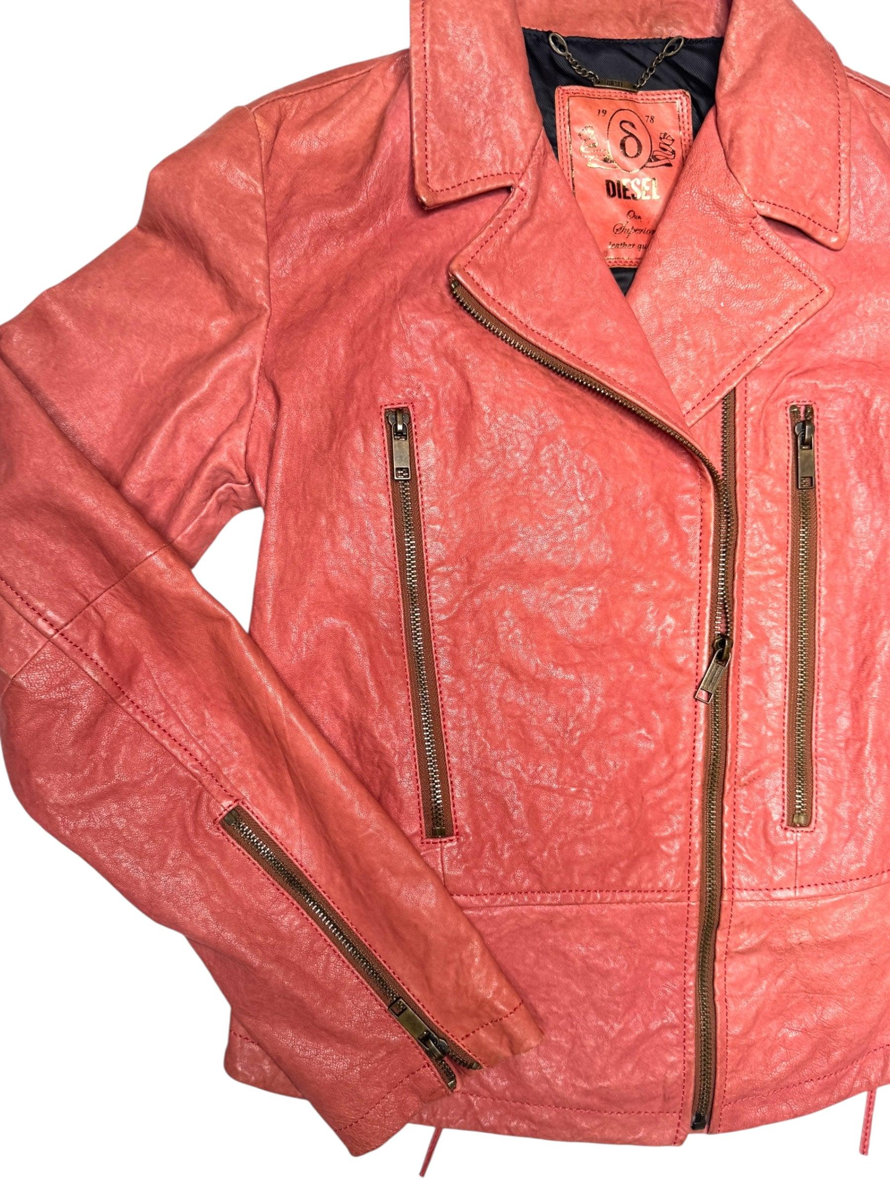 Vintage Diesel Moto Leather Jacket | Y2K Coral Zip-up, Corset