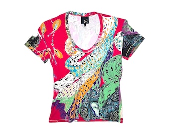 Vintage 2000s CAVALLI Red Abstract Print Short Sleeve Graphic T-Shirt | Size S