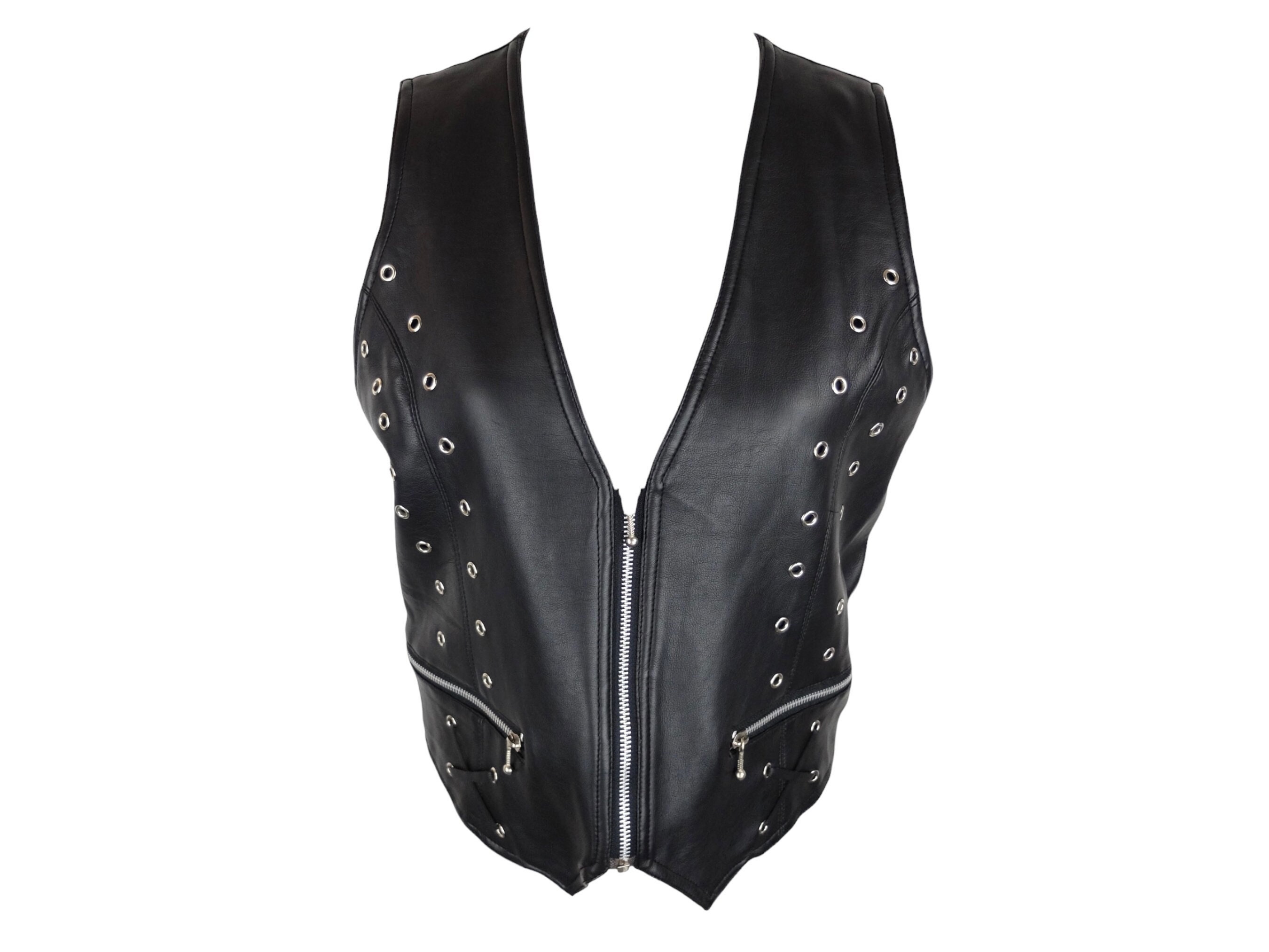 Vintage 90s Y2K Grunge Gothic Black Leather Zip up V-neck Moto